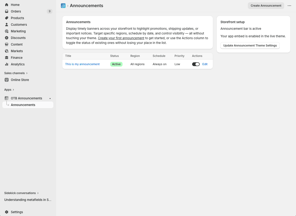 A screenshot of the OTB Announcements app interface